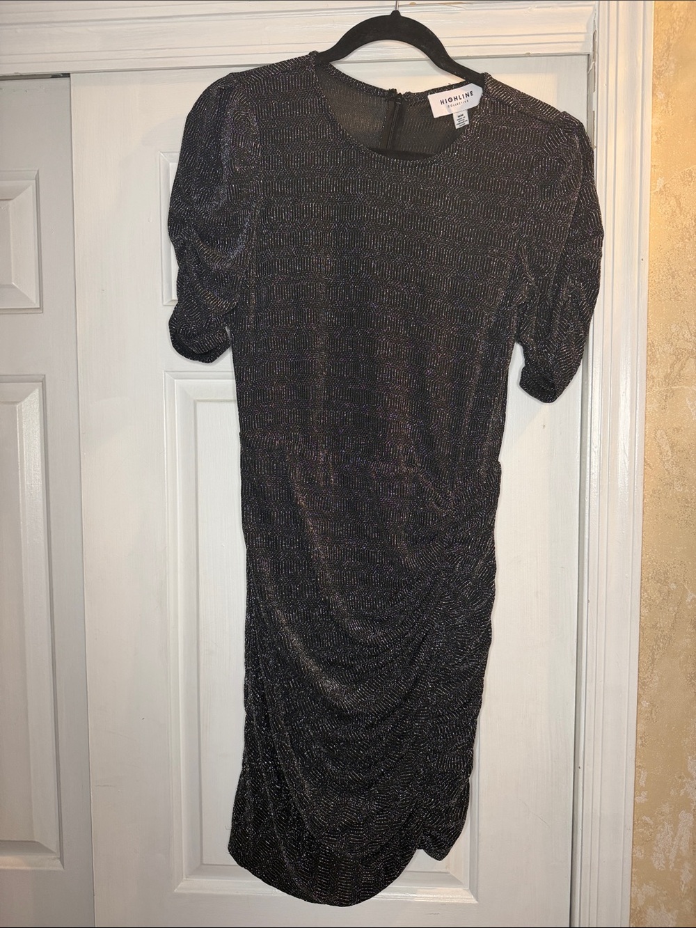 Highline Collective Metallic Black Ruched Short Sleeve Dress
